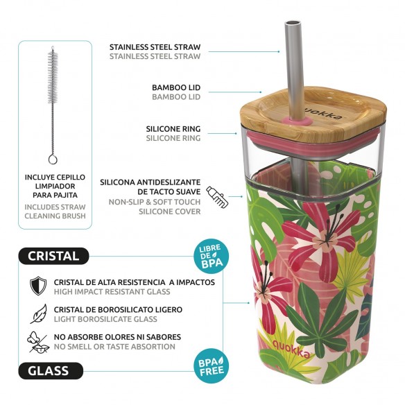 Vaso de cristal reutilizable quokka venta en guttus con pajita de acero inoxidable y tapa de bambú